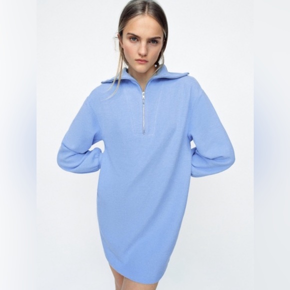 ZARA Women’s Sweater Dress Long Sleeve Mock Neck Quarter Zip Soft BLUE Size S - Picture 3 of 7
